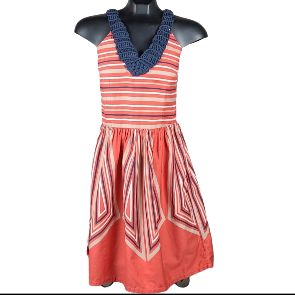 PLAINS & PRINTS Dress Orange Blue Midi Stripes